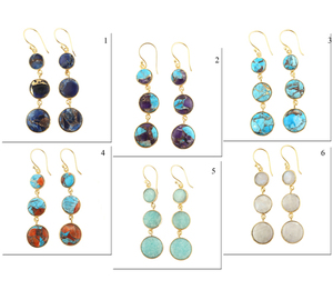 Pendientes colgantes de cobre y turquesa con forma redonda para dama de honor, aretes largos de Triple piedra, alambre de oreja chapado en oro, de buena calidad - Product Image 2