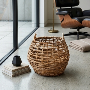 Natural Hand Woven Banana Bark <b>Storage</b> <b>Basket</b> Open Grid Knit <b>Mesh</b> Belly Pot Planter Arch Handle Pure Art Room Setup Decor Craft - Product Image 6