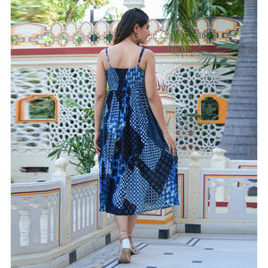 Indigo Floral Swing Dress Patch Print XL Hasta la rodilla Vestido de fiesta de moda para mujeres Vestidos casuales para uso en el club en casa Temporada de primavera - Product Image 3