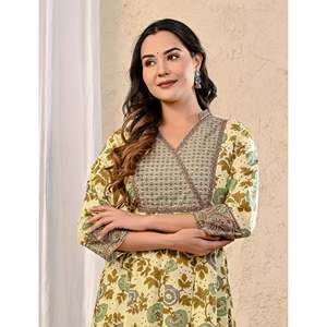 Vestido Largo de Algodón Gris Crema con Estampado Floral, Silueta Recta y Cintura Natural - Product Image 1