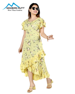 เดรสสวยทันสมัยสำหรับฤดูร้อนน่ารักสำหรับผู้หญิง/เด็กผู้หญิงผ้าเครปคอวีแขนผีเสื้อลายผ้าทอเป็นมิตรต่อสิ่งแวดล้อม - Product Image 3