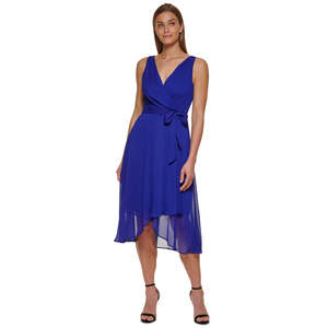Abito da donna DKNY blu senza maniche con effetto avvolgente, taglia 12, in chiffon, modello A-Line, con scollo a cuore e strass, vita naturale, per la primavera - Product Image 1