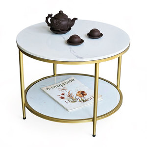 Modern Two-tiered <b>Sofa</b> <b>Table</b> with Stone Top & Iron Legs 60x60cm Living Room Furniture TT68274 - Product Image 1