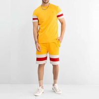 Ensemble de t-shirts en coton jaune pour homme avec rayures rouges et blanches, col rond, décontracté, été, tricoté, manches courtes, tenue 2 pièces