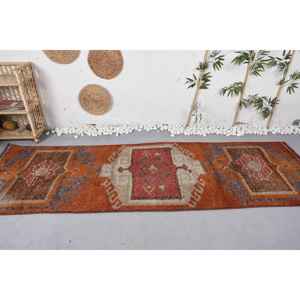 พรมตุรกีสีส้มและสีน้ำตาลวินเทจ32x99ฟุตผ้าขนสัตว์เย็บปะติดปะต่อกันด้วยผ้าวิสโคสสี่เหลี่ยมผืนผ้าออกแบบสำหรับห้องนั่งเล่นหรือห้องนอนสำหรับวัยรุ่น - Product Image 3