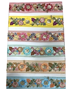 Adorno de encaje amarillo para vestido de mujer, bordado de flores indias, Red de Organza, venta al por mayor - Product Image 2