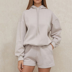 Conjunto de pantalones cortos de 2 piezas a la moda para mujer, cuello redondo, manga larga, Top informal y sudadera, conjuntos de chándal al por mayor de Color sólido - Product Image 1