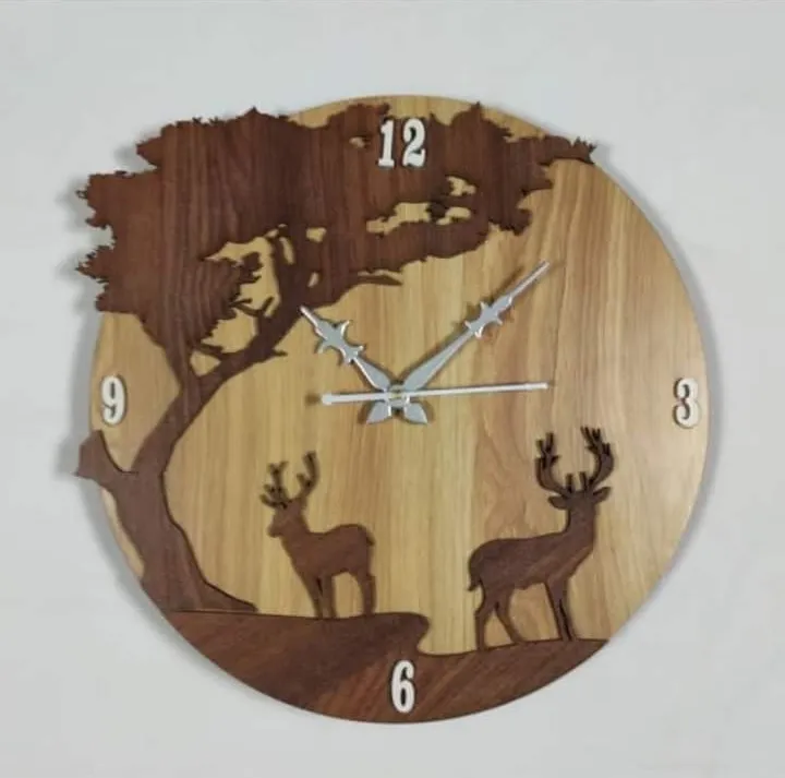벽 예술 장식 나무와 두 사슴 디자인 MDF 나무 벽 시계 창조 독특한 디자인 시계 판매