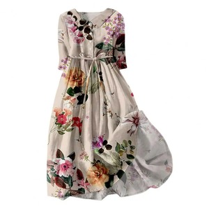 Vestido Maxi de Gala con Estampado Floral, Cuello en V, Cuello de Encaje, Manga Tres Cuartos, Ajuste Holgado, Vestido de Algodón para Mujer, Primavera, Perlas, Estilo Imperio - Product Image 3