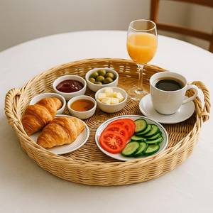 Bandeja para servir de mimbre natural redonda grande hecha a mano, decoración orgánica para cocina y sala de estar para servir alimentos - Product Image 2