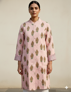 Veste en coton à imprimé floral matelassée à manches longues respirante avec boutons décoratifs 2 poches Vêtement long Hiver pour le printemps - Product Image 1