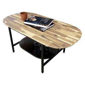 Meubles de salon au design industriel, table basse ovale durable à 2 niveaux, structure en fer, plateau en bois d'acacia, 120x60x60cm - Modèle TT68157 - Product Image 1