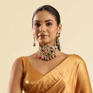 Conjunto de Collar y Aretes Navratana Stone Jadau Kundan, Chapado en Oro Fino con Cobre y Latón para Bodas, Regalos con Perlas y Diamantes - Product Image 5