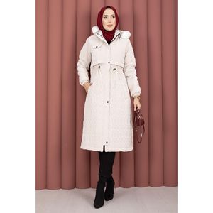 Manteau d'hiver Nova avec capuche en fourrure à motif matelassé, coupe-vent, couleur pierre - Product Image 3
