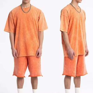 Ensemble deux pièces streetwear oversize pour homme, été, respirant, vintage, en tissu éponge délavé à l'acide, t-shirt et short teints en pièce - Product Image 2
