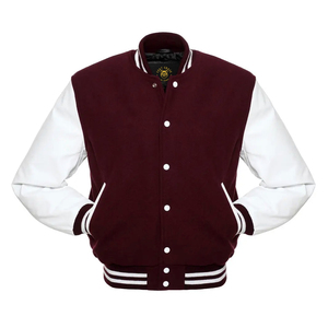 Bright White Sleeves-Maroon Body Letterman Jacket con mangas de cuero Letterman chaqueta universitaria de cuero personalizada para hombres - Product Image 1