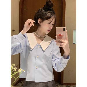 2025新款女式蓝白条纹长袖衬衫 -- 优雅百搭，时尚韩版拼色衬衫 - Product Image 1