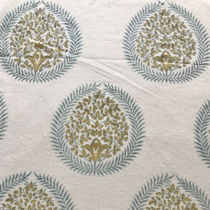 Tissu en coton imprimé à la main, motif traditionnel indien Arbre de Vie Buti, tons olive et turquoise - Product Image 2