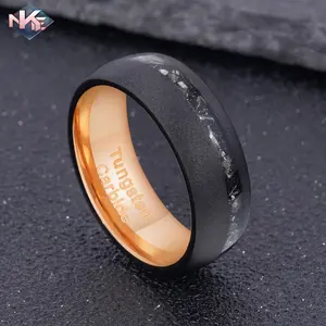 Amazon Hot Selling Real 8mm Sandblasted Rose Gold And Black Tungsten Crushed Meteorite Ring For Men