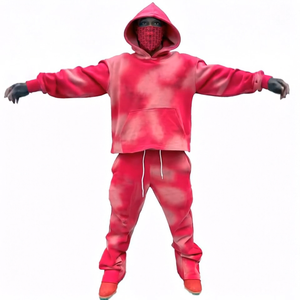 Chándales desgastantes lavados con ácido de dos piezas con logotipo bordado personalizado OEM para hombre, conjunto informal de pantalones de chándal de felpa de otoño con capucha - Product Image 1