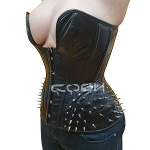 Corset gothique punk noir en cuir à pointes, avec baleines en acier, coupe overbust et décolleté plongeant en U profond, pour Halloween - Fournisseur de corsets - Product Image 5