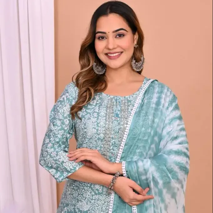 Ropa India pakistaní de corte regular para mujer Leheriya Kurta bordada con tres mangas cuartas DE LA India