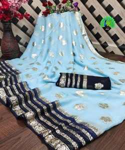 Chiffon Saree with <b>Brooches</b> and Stitched Blouse for Elegant Party Wear <b>Women</b> - Product Image 3