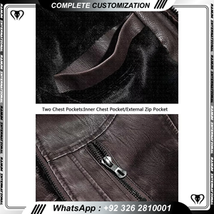 High Quality Men's Casual Stand Collar Cow <b>Skin</b> Motorcycle Leather Jacket with Zipper Pockets - Product Image 5