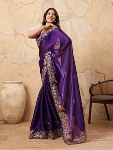 <b>Purple</b> Traditional Luxurious Chiffon <b>Saree</b> Embroidery Work Cut Work Border Embellishments for Party Special Wedding Occasions - Product Image 2