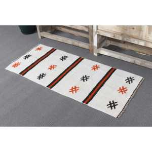 Tapis turc vintage en laine 1,8x4,2 pieds, petit tapis blanc patchwork, tapis Kilim bordé de latex - Product Image 4