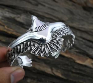 Brazalete de Plata de Ley 925 con diseño de plumas de águila y pájaro, joyería fina única para regalo de cumpleaños - Product Image 3