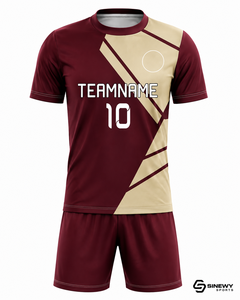 ชุดฟุตบอลสั่งทำ SINEWY SPORTS สำหรับผู้ชาย สีแดงเลือดหมู-เบจ พิมพ์ลายแบบ Sublimation ผ้าโพลีเอสเตอร์ 100% แขนสั้น ระบายเหงื่อได้ดี ชุดทีม - Product Image 3