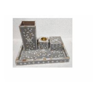 Modern Floral Pattern Gray Mother of Pearl Inlay Tray Set With Bakhoor Burner and Box T <b>Light</b> Holder Set Bakhoor Burner Set - Product Image 2