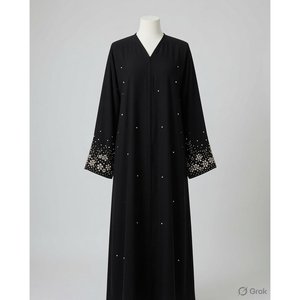 Abaya de luxe en satin noir à imprimé floral avec poignets et taille naturelle - Product Image 1