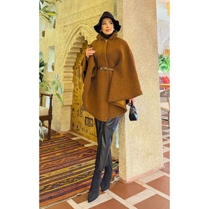 Women's Tan Belted Lamb <b>Poncho</b> Elegant Faux Fur Coats - Product Image 5