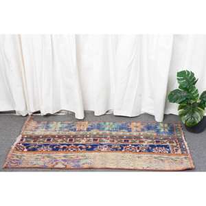 Vintage 1,5x3,3 pies azul Beige Alfombra de lana hecha a mano turco gran área rectángulo Patchwork ecológico pasillo látex respaldo habitación - Product Image 2