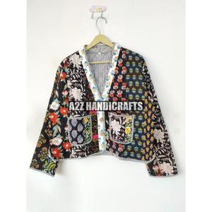 Handmade Cotton Women's <b>Quilted</b> Jacket Block Printed Boho Style Button Closure Breathable Stripe Knitted Coat Holiday Gifts - Product Image 2