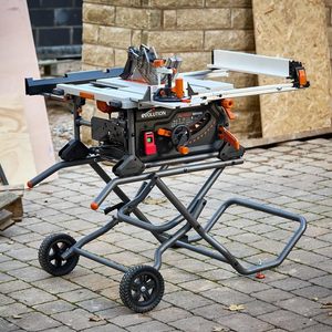 Sierra de mesa motorizada 15A con ruedas y soporte de tijera, eléctrica, para corte multimaterial, hoja de 10 pulgadas, corte longitudinal de 26 pulgadas, profundidad de corte de 3-3/8 pulgadas, inclinación de 0-45 grados - Product Image 1