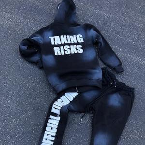 Survêtement en molleton 100% coton respirant, anti-froissement, à séchage rapide, coupe régulière personnalisée, sweat-shirt surdimensionné, pantalon de survêtement évasé empilé pour hommes - Product Image 1