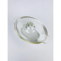 Casserole ovale en verre vintage, couvercle en verre transparent antique, plat à four avec couvercle et support à pied