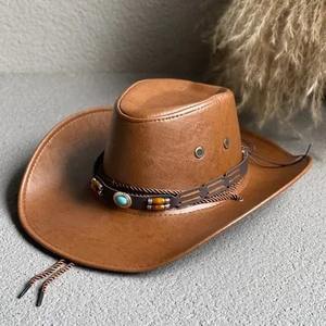 Sombreros de vaquero occidentales de piel sintética ajustables para mujeres y hombres, sombreros de vestir de caballero Vintage, gorra de Jazz de vaquera de Panamá, Sombrero para Hombre - Product Image 4
