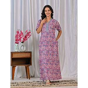 Robe de nuit 100 % coton imprimée à la main (motif Jaal), tissée douce, à imprimé floral et animalier, boutonnée, ODM pour les familles, commande minimum 3 pièces - Product Image 5