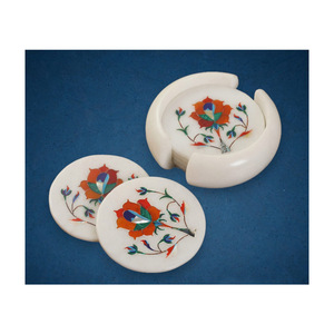 Magnifique ensemble de sous-verres à thé en marbre blanc pur conception d'incrustation régulière pierre polie pour la décoration de la maison cadeau donnant de l'artisanat en pierre - Product Image 1