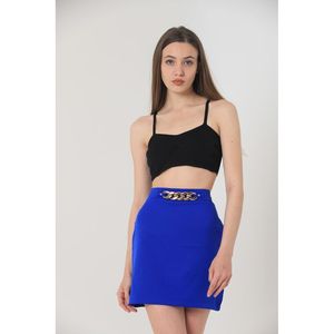 Falda Midi al Por Mayor con Elegante Detalle de Cadena en la Cintura para Mujer, Color Azul Saks Sólido, 100% Poliéster, Estilo Línea A, por TOPSHOW - Product Image 3