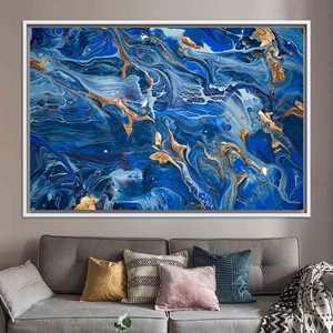 Toile élégante à imprimé marbre bleu et or : Art mural minimaliste moderne, TOILE ENCADRÉE BLANCHE - Product Image 1