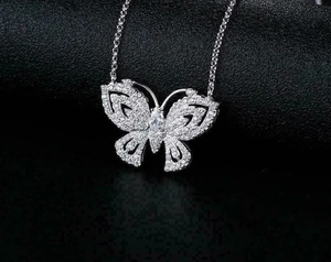925 Sterling <b>Silver</b> Moissanite <b>Diamond</b> Butterfly Pendant <b>Necklace</b> Pear & Round Cut Butterfly <b>Necklace</b> For Engagement Gift - Product Image 1