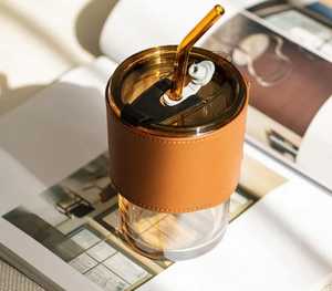 Custom <b>Glass</b> Tumbler 400ml with Leather Sleeve & Straw | Personalized Travel Tumbler with Lid | Customized Tumbler with Names - Product Image 2