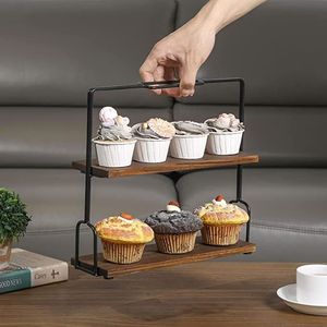 Modern Black Color Metallic Frame With Wooden Top 2 Tier Cake <b>Cupcake</b> <b>Stand</b> in Reasonable Price - Product Image 4