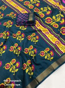 Nuevo Sari de Crepé de Algodón Suave para Mujer con Diseños Florales y Butti, Borde de Pallu, Blusa con Estampado, Hecho en India - Product Image 2