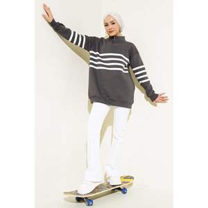 Stripe Printed <b>Zippered</b> Three Thread Women's Silk Sweatshirt High Quality Embroidered <b>Hoodies</b> Streetwear Style for Winter - Product Image 3